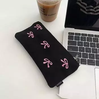 Ins Style Простой черный пенал с бантом Большая вместительная сумка для хранения карандашей Косметичка Канцелярский органайзер Школьные принадлежности one size
