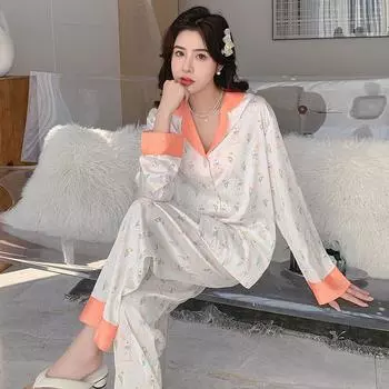 Ins Style Simple Ice Silk Пижама женская весенне-летняя шелковая домашняя одежда, которую можно носить, внешний милый принт, длинные рукава, брюки, костюм M белый