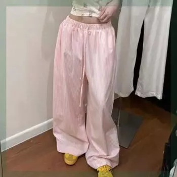 INS Style Summer Retro Lazy Style Vertical Stripes Elastic Waistband Lace-up Loose Wide Leg Thin Casual Pants Trendy Pink XL