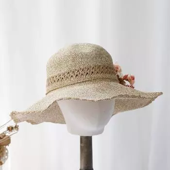 Ins Summerside Flower Holiday Raffia Grass Wide Brim Can Fold Lady Sun Cap Womens Casual Hat head size 57cm