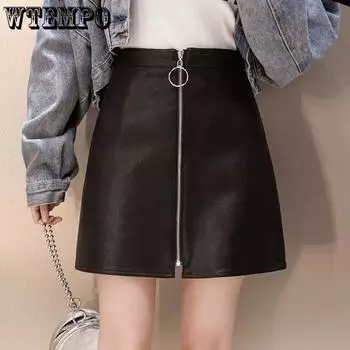 Ins Super Fire на молнии, маленькая кожаная юбка, полуюбка, женская универсальная высокая талия из искусственной кожи, черная трапециевидная посылка, короткая юбка на бедрах S чёрный