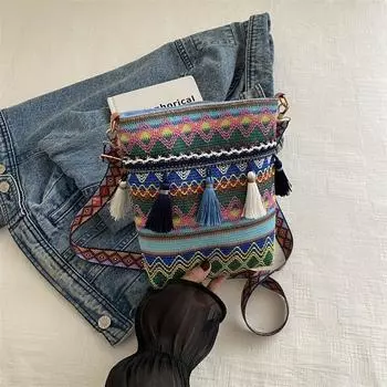 INS Super Popular Bucket Bags Women s Bag New New Wide Shoulder Strap Ethnic Style Shoulder Messenger Bag Casual Tassel Bag Blue
