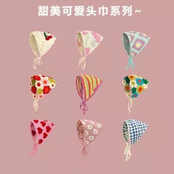 ins sweet and cute wind hook flower handmade knitted triangular headscarf female spring and summer travel literary photo headband size