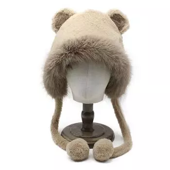 Ins Милая Милая Медведь Плюшевая Вязаная Шапка Детская Зимняя Утолщенная Теплая Большая Окружность Головы Пуловер Шапка Уха M56-59cm хаки