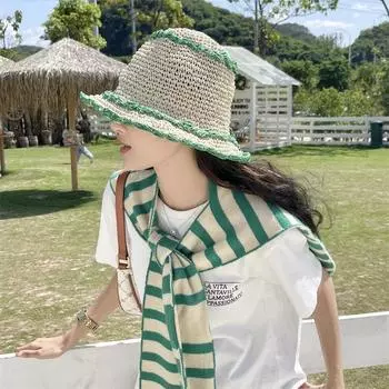 Ins Свежая контрастная кружевная пляжная шляпа-ведро для весенних и летних путешествий, соломенные солнцезащитные кепки, складные корейские женские шляпы 56-58cm
