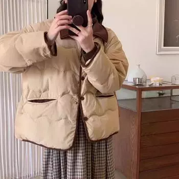 ins вельветовый лацкан легкий пуховик женский короткий маленький ароматный модный повседневный зимняя куртка S чёрный