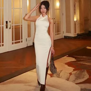 Ins Wind Backless Dress over the Knee Side Slit Halterneck Apricot color M
