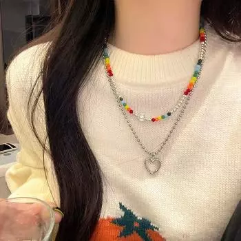 Ins Wind Rainbow Crystal Бисерный смайлик Love Fold Wear Set Collarbone Chain Ожерелье Милый Повседневный Чокер