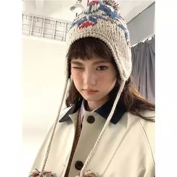 ins вязаная вручную жаккардовая шерстяная шапка женская осенне-зимняя бархатная термозащитная шапка симпатичная шапка Lei Feng M56-58cm бежевый