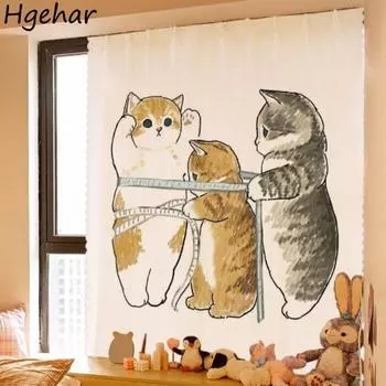 Ins Японский Стиль Милый Лечебный Кот Шторы На Липучках Кухня Раздел Спальня Ванная Комната Ткань Затенение Без Пробивки Милый 120 150cm