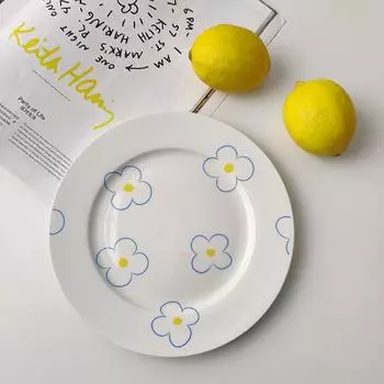 Ins Завтрак Цветок Керамическая Тарелка Плоская Корейская Круглая 8-дюймовая Салатница Поверхглазурованная Десерт Кухонные Принадлежности 8 inches