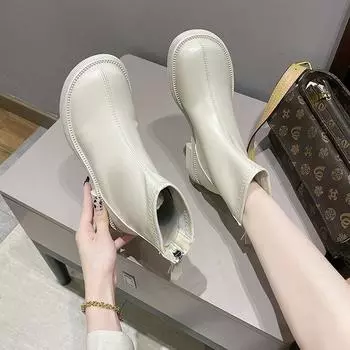 ins женские одинарные ботинки с застежкой-молнией сзади короткие кожаные ботинки 2024 года новые зимние хлопковые ботинки студенческие ботинки Martin женские короткие ботинки в стиле ретро 35