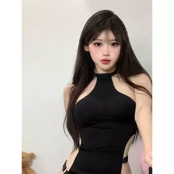 Inspirational Sexy Sexy Style Halter Cut-out Fashion Nightclub Skirt High Slit Open Leg Silm Midriff Outfit Sleeveless Dress Default