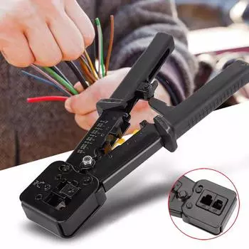 Инструмент для обжима RJ45. Инструмент для обжима разъема Cat5e. Концевой проход через RJ11/12. чёрный