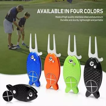 Инструмент для ремонта дерна для гольфа Инструмент для ремонта дерна из нержавеющей стали с магнитным маркером мяча Складной металлический зеленый инструмент с выдвижной кнопкой Аксессуар для гольфа зелёный