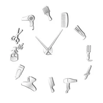 Инструмент для стрижки волос, парикмахерский инструмент, сделай сам, настенная наклейка, кварцевые часы, парикмахерская серебряный