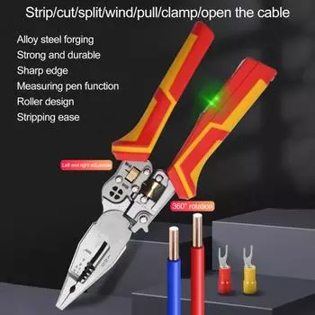 Инструмент для зачистки проводов 9 в 1 с нескользящей ручкой, функцией измерения электричества, многофункциональный портативный инструмент для зачистки проводов, ножницы для кабеля красный