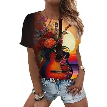 Инструмент, гитара, цифровой 3D принт, летняя модная женская футболка с буквенным принтом, повседневная футболка с короткими рукавами, винтажный пуловер в стиле Харадзюку L