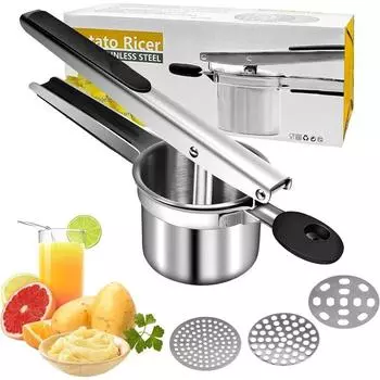 Инструменты из нержавеющей стали используются для пюрирования картофеля, включая три насадки для измельчения фруктов и приготовления спагетти-слайсов. 1