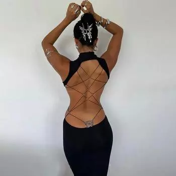 Instunning European and American Metal Butterfly Hollow-out Backless Dress Women Gyaru Style Slimming Split Long Skirt Black S