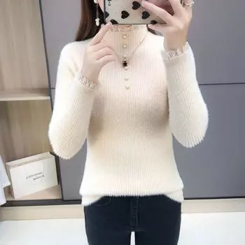 Insulated Warm Turtleneck Sweaters Women s Undershirt Autumn and Winter Lace Tops with Beads, Knitted Sweater XS