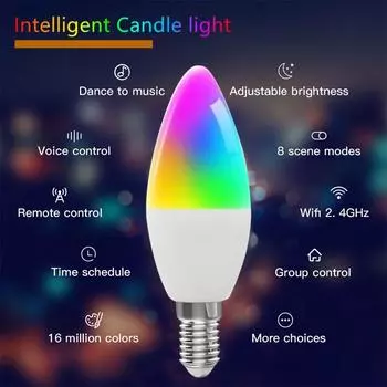 Интеллектуальная лампа-свеча Wifi Лампочка E14 RGB+CW+WW 5 Вт Tuya Smart Life APP Голосовое управление Совместимость с Alexa Google Home Диммируемая 5w&Yes&E14
