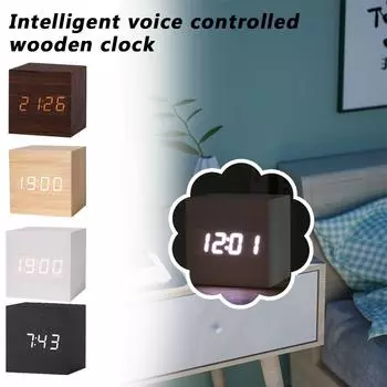 Интеллектуальный будильник с голосовым управлением, бесшумный светодиодный дисплей на батарейках, поделки, двойного назначения, USB, подарочные часы, будильник из дерева P8D7