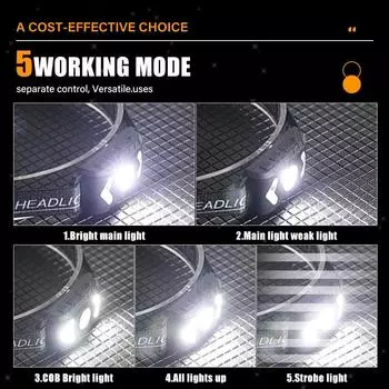 Интеллектуальный индукционный светодиодный фонарь дальнего действия USB для ночной рыбалки, перезаряжаемый уличный фонарик с креплением на голову, аварийное освещение