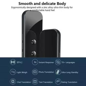 Интеллектуальный переводчик языка Корпус из закаленного стекла BT 4.2 70+ языков Сверхдолгий режим ожидания Чат, знакомства и перевод текста серый