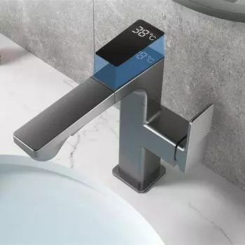 Интеллектуальный смеситель Gun Grey с цифровым светодиодным дисплеем температуры, белый, с выдвижным поворотным краном для раковины с горячей и холодной водой