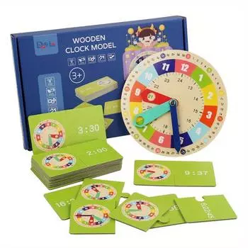 Interactive Wooden Learning Clock with Cards Educational Toy for Youngsters, Perfect for Kindergarten Playroom Activities Wooden Clock