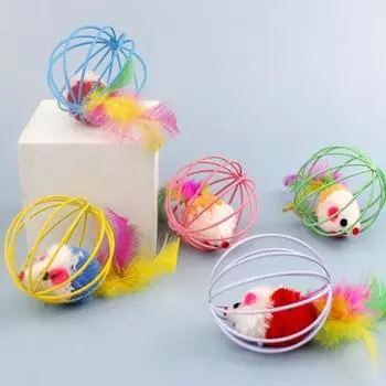 Интерактивная игрушка для кошек Мягкая плюшевая мышь с защитной клеткой Яркие цвета снимают скуку Устойчивые к укусам игрушки для кошек