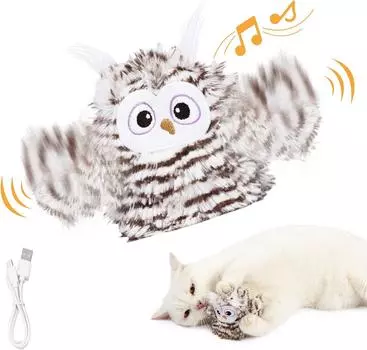 Интерактивные игрушки для кошек, перезаряжаемые автоматические игрушки для кошек в виде чирикающей совы, автоматически хлопающие крыльями игрушки для кошек в виде птицы, подходят для домашних кошек, чтобы играть в одиночку серый