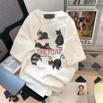 Интересная футболка с круглым вырезом и котом для мужчин и женщин из чистого хлопка, летняя модная тенденция, повседневный удобный топ с короткими рукавами для пар, Harajuku S белый