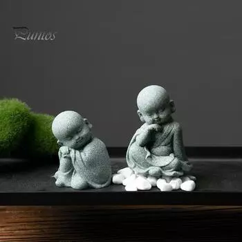 Интересная статуя Будды в китайском стиле ручной работы, мини-статуя маленького лысого монаха для гостиной