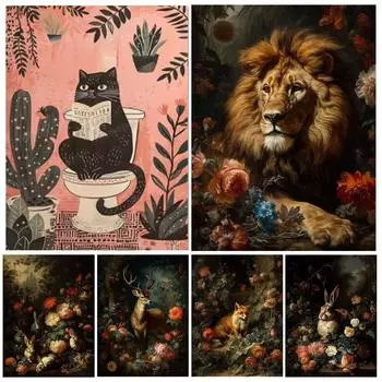 Интересные лесные животные Львы Кошки Кролики Олени Цветы 5DDIY Вышивка стразами Алмазные картины Украшения для дома Full Round 20x30CM