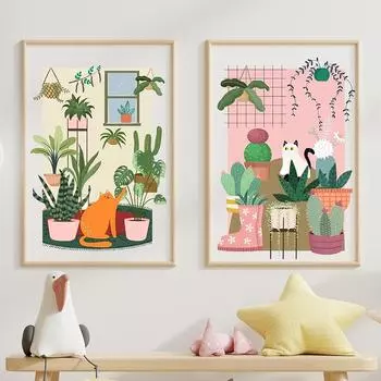 Интересный кот, современный плакат и гравюра, холст, картина, белый кот и растение, настенная живопись 21cm30cm NoFrame