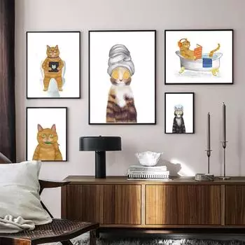 Интересный кот в спа-салоне в ванной комнате с принтом маски и плакатом, настенным искусством, холстом для любителей животных 21cm30cm NoFrame