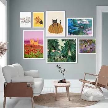 Интересный подсолнух, водяная лилия и кошка, печать плакатов, тыква, холст, картина, настенная художественная картина 21cm30cm NoFrame