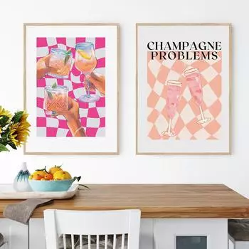 Интересный розовый коктейль, шампанское, вопрос, печать, настенное искусство для бара, Y2K, клетчатый холст, картина, постер для девочек 21cm30cm NoFrame