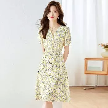 International Brand Mulberry Silk Dress 2025 New Arrival Women s Summer Luxury Young Elegant Slim Looking Silky Skirt Yellow 2XL