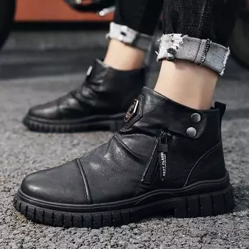 Internet celebrities ins autumn and winter high-top Martin boots men s British motorcycle boots black velvet medium-top small leather shoes tide 39 чёрный