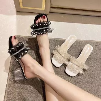 Internet celebrities with skirts wear high-heeled slippers female 2025 new summer fashion mesh fairy wind with cool slippers 34