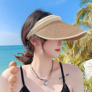 Internet Celebrity Air Top Pearl Straw Hat Female Sun Hat Summer Easiest for Match Sun-Proof Face Cover K-style Tide Visor Sun Hat Khakis Adjustable