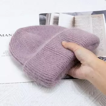 Internet celebrity Angola rabbit hair warm solid color light board autumn and winter versatile candy color vertical stripe knitted hat women M56-58cm