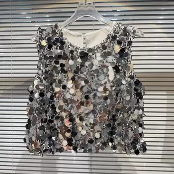 Internet Celebrity Autumn Big Sequined Performance Loose T-shirt Vest Silver M