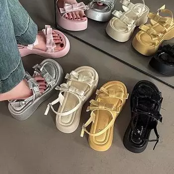 Internet celebrity bow slippers women s summer new wear fashion beach cool slippers EVA thick bottom non-slip one-word drag 35 чёрный