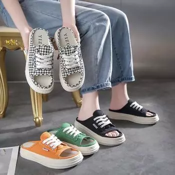 Internet celebrity canvas half slippers women wear ins tide 2025 summer new fashion versatile one-word drag thick bottom cool slippers 35