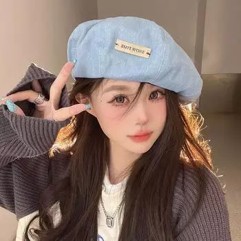 Internet Celebrity Denim Beret Women s Face Little Wild Letters Metal Label Painter Cap Big Head Circumference Beret Trendy Octagonal C2715 metal Mark SHOW Denim beret DIY