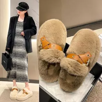 Internet celebrity design sense niche fluffy slippers women wear 2025 winter new thick-bottomed velvet warm bag head slippers 35